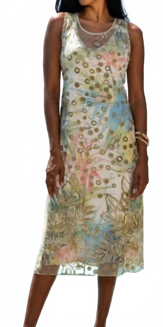NEW ALISON SHERI tropical print dress with embroidered overlay in green